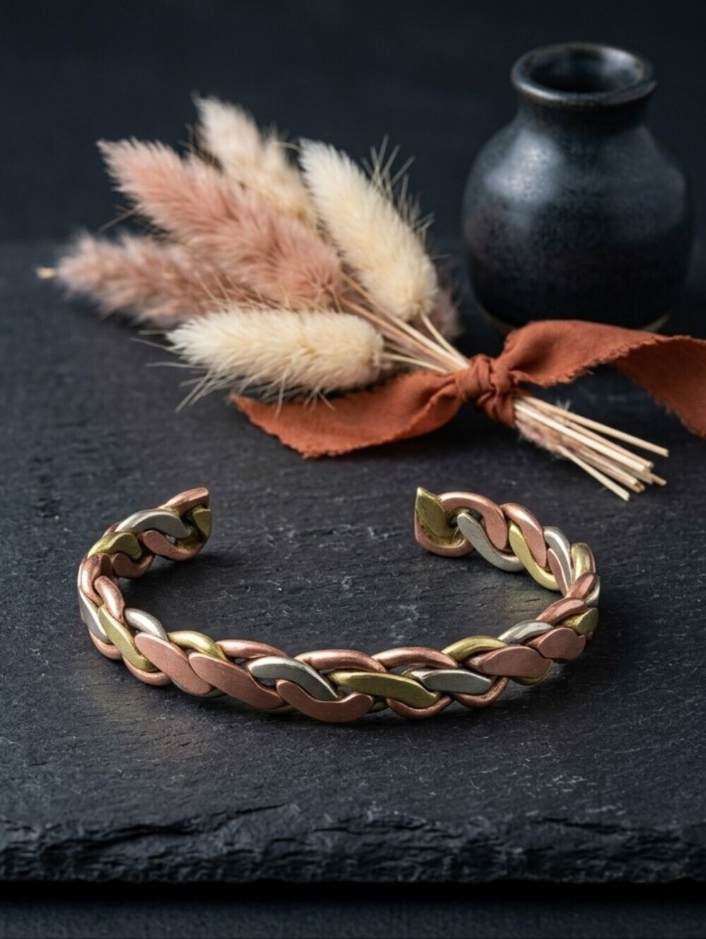Artisan Copper Brass Silver Braided Cuff Bracelet Mixed Metal Boho Southwestern